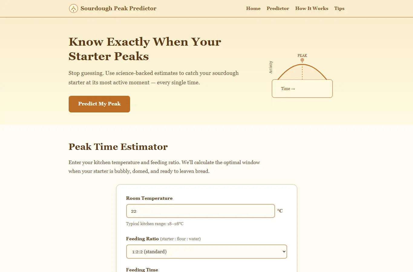 Screenshot of Sourdough Peak Predictor interface showing the project page in use
